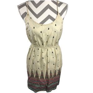 Darling Boho Cote’ Casual Aztec Print Beige Cotton Beaded Mini Dress Size Small